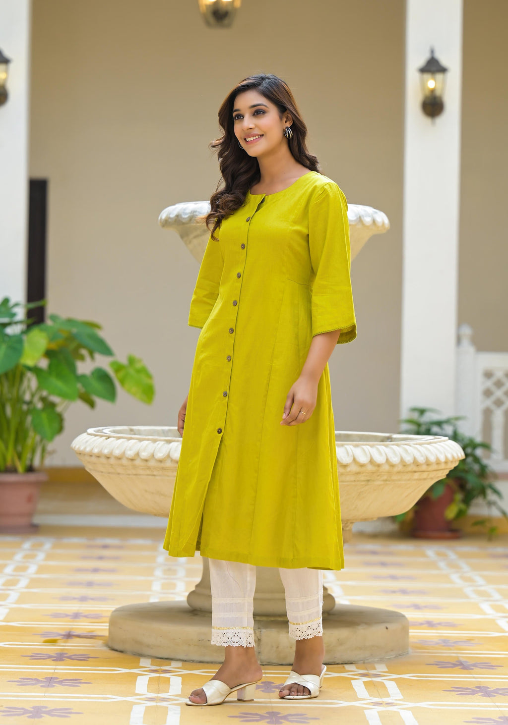 Juniper Lime Green Solid Cotton Linen Kurta With Button Closure | Grocsy