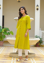 Juniper Lime Green Solid Cotton Linen Kurta With Button Closure | Grocsy