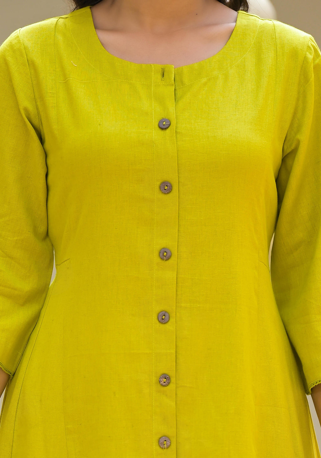 Juniper Lime Green Solid Cotton Linen Kurta With Button Closure | Grocsy