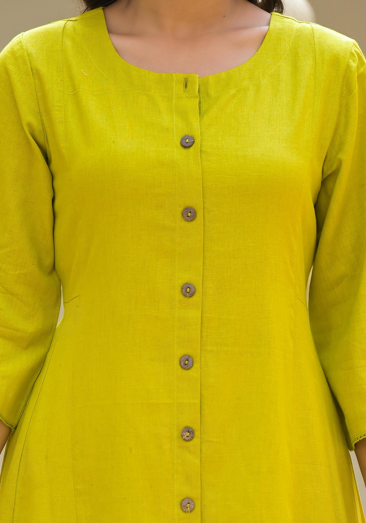 Juniper Lime Green Solid Cotton Linen Kurta With Button Closure | Grocsy