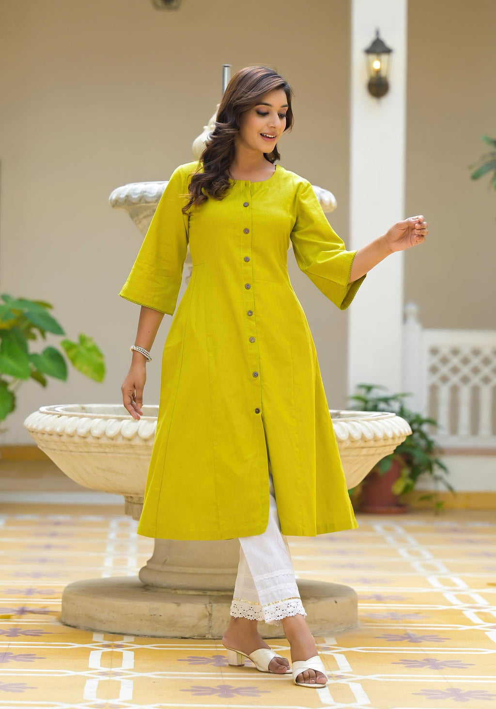 Juniper Lime Green Solid Cotton Linen Kurta With Button Closure | Grocsy