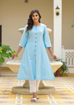 Juniper Powder Blue Solid Cotton Linen Kurta With Button Closure | Grocsy