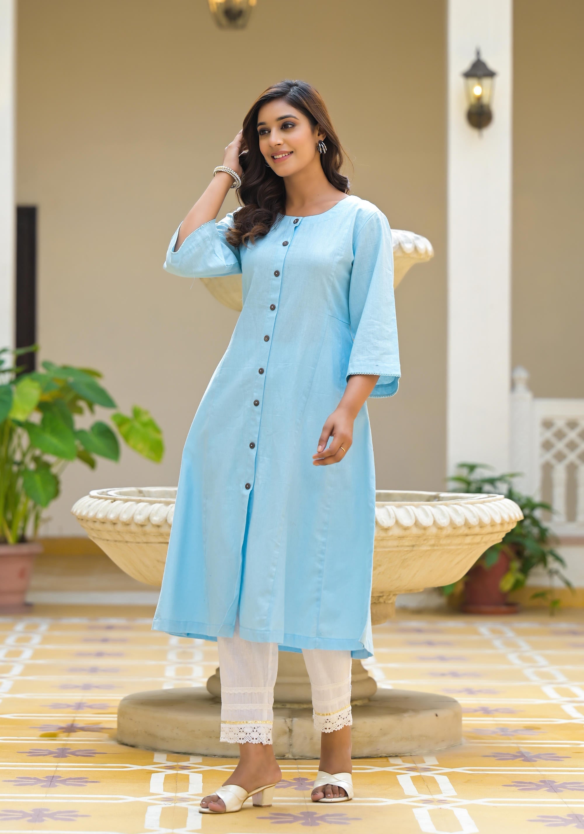 Juniper Powder Blue Solid Cotton Linen Kurta With Button Closure | Grocsy