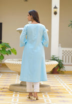 Juniper Powder Blue Solid Cotton Linen Kurta With Button Closure | Grocsy