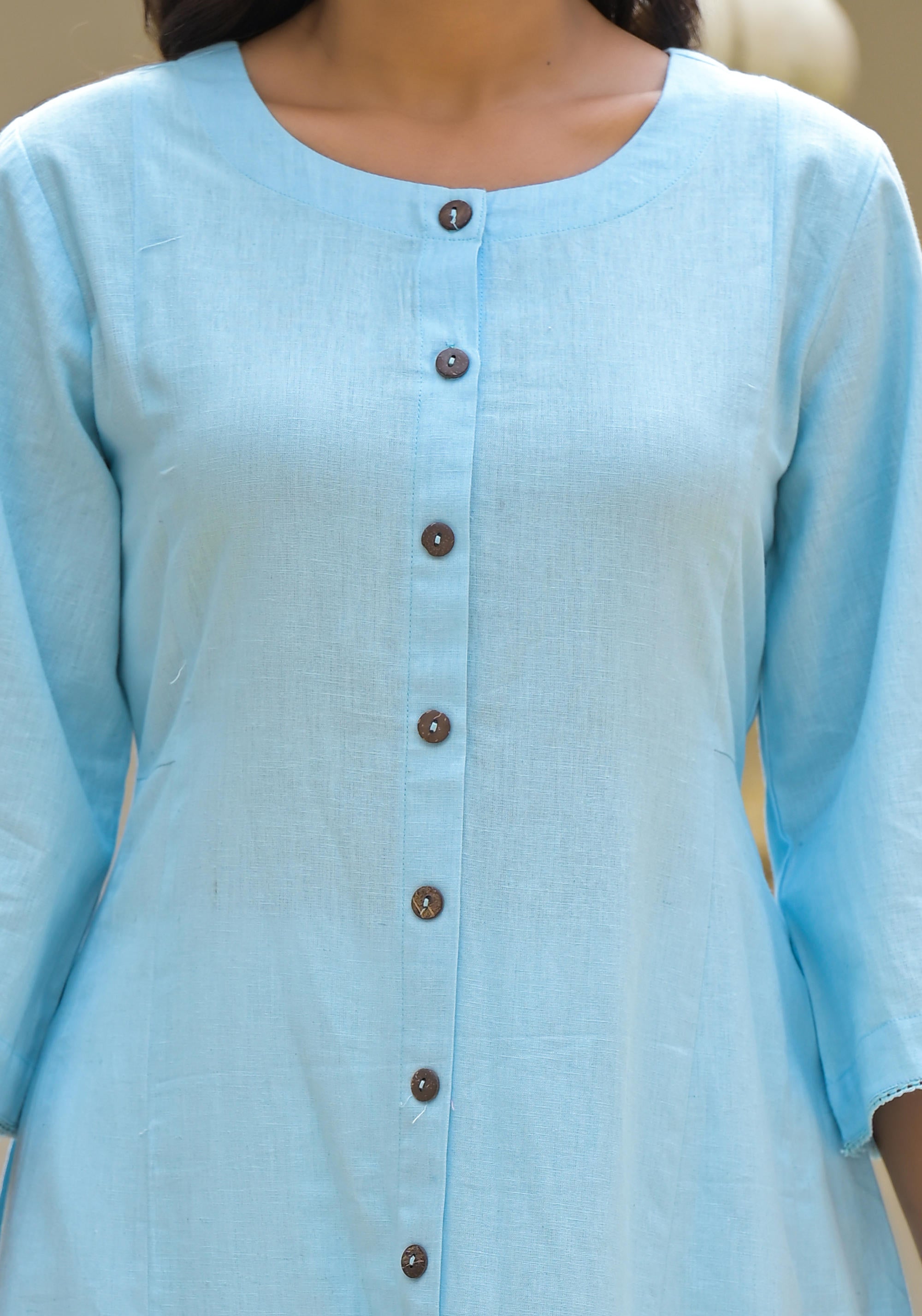 Juniper Powder Blue Solid Cotton Linen Kurta With Button Closure | Grocsy