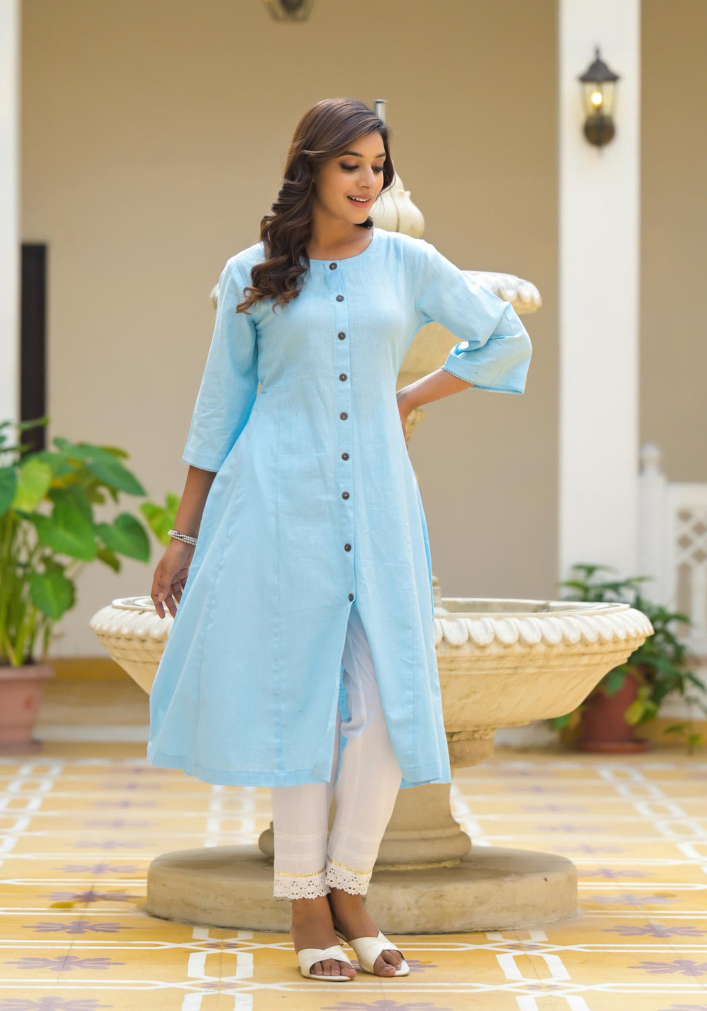 Juniper Powder Blue Solid Cotton Linen Kurta With Button Closure | Grocsy
