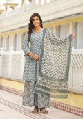Juniper Women's Grey Floral Printed Cotton Kurta Sharara And Dupatta Set With Sequins | Grocsy