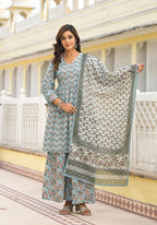 Juniper Grey Floral Printed Cotton Kurta Sharara And Dupatta Set With Sequins | Grocsy
