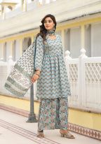 Juniper Grey Floral Printed Cotton Kurta Sharara And Dupatta Set With Sequins | Grocsy