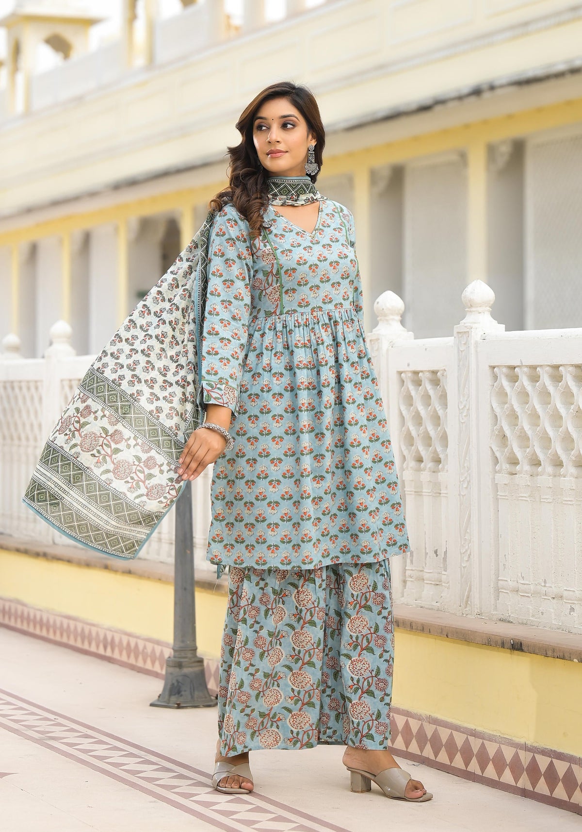 Juniper Grey Floral Printed Cotton Kurta Sharara And Dupatta Set With Sequins | Grocsy