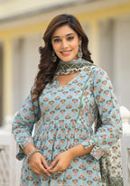 Juniper Women's Grey Floral Printed Cotton Kurta Sharara And Dupatta Set With Sequins | Grocsy