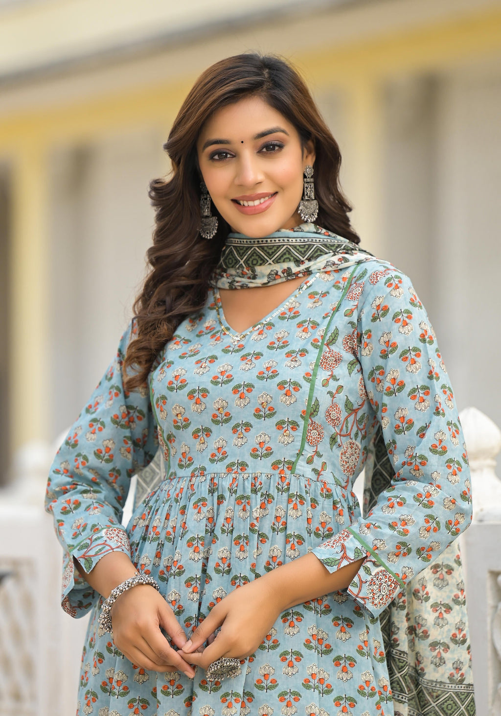 Juniper Grey Floral Printed Cotton Kurta Sharara And Dupatta Set With Sequins | Grocsy