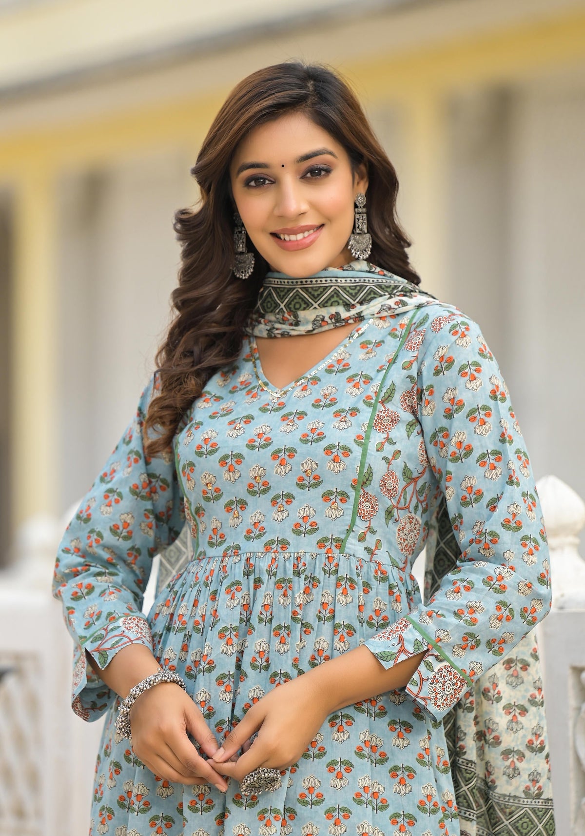 Juniper Grey Floral Printed Cotton Kurta Sharara And Dupatta Set With Sequins | Grocsy