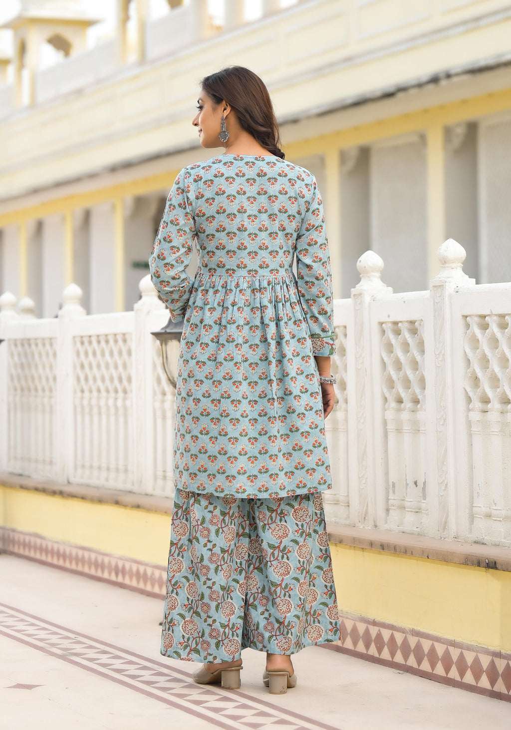 Juniper Grey Floral Printed Cotton Kurta Sharara And Dupatta Set With Sequins | Grocsy
