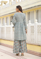 Juniper Grey Floral Printed Cotton Kurta Sharara And Dupatta Set With Sequins | Grocsy
