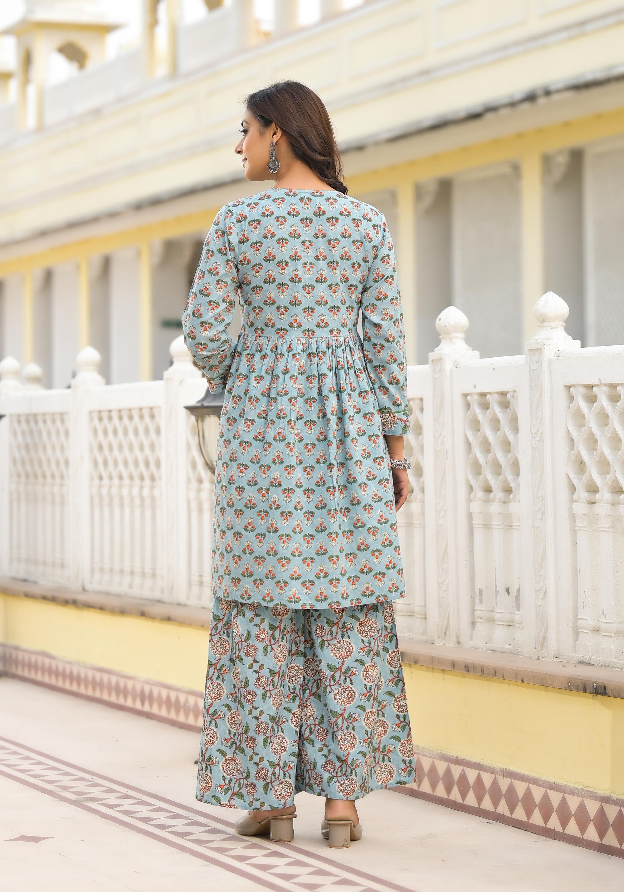 Juniper Grey Floral Printed Cotton Kurta Sharara And Dupatta Set With Sequins | Grocsy