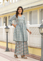 Juniper Women's Grey Floral Printed Cotton Kurta Sharara And Dupatta Set With Sequins | Grocsy
