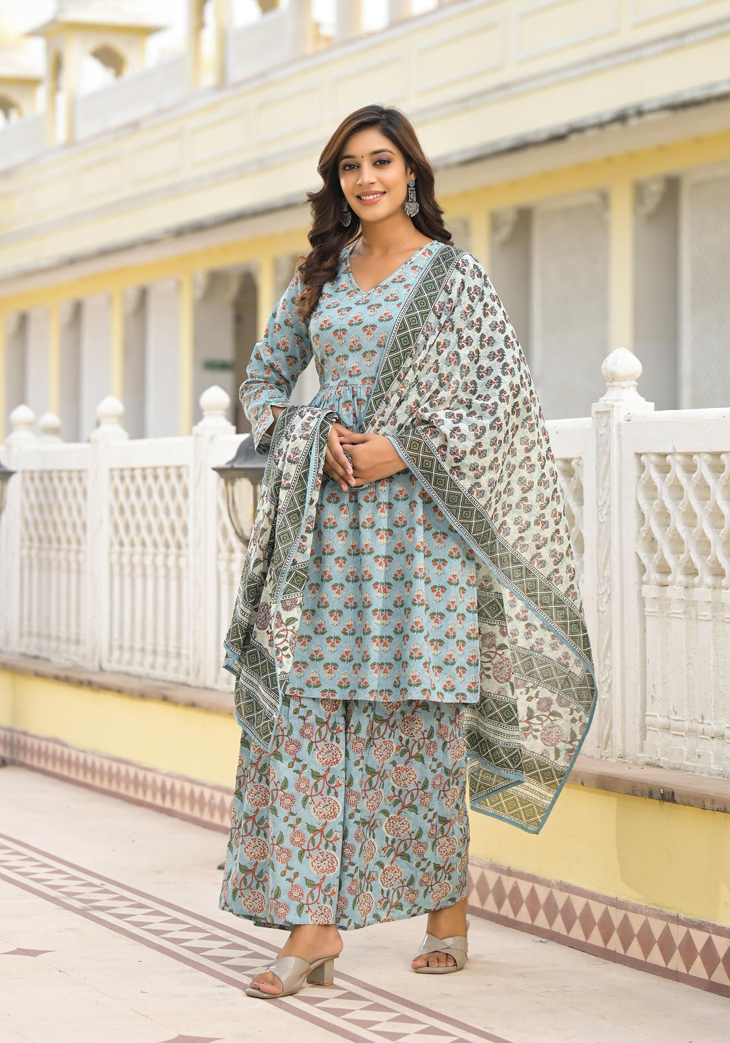 Juniper Women's Grey Floral Printed Cotton Kurta Sharara And Dupatta Set With Sequins | Grocsy