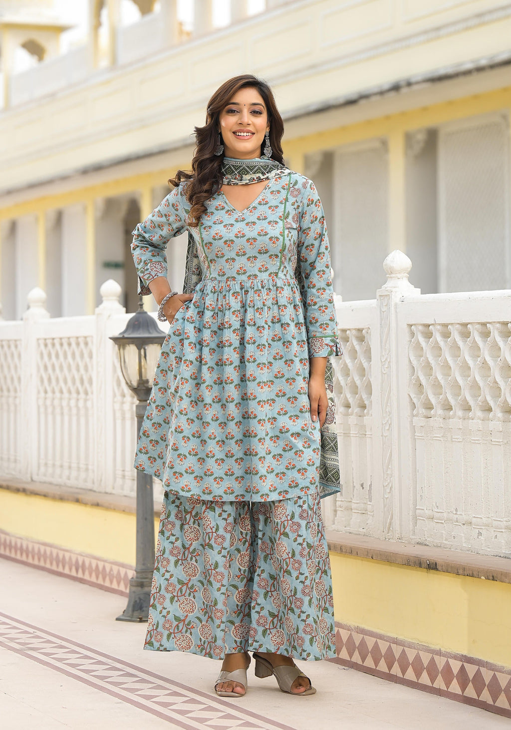 Juniper Women's Grey Floral Printed Cotton Kurta Sharara And Dupatta Set With Sequins | Grocsy