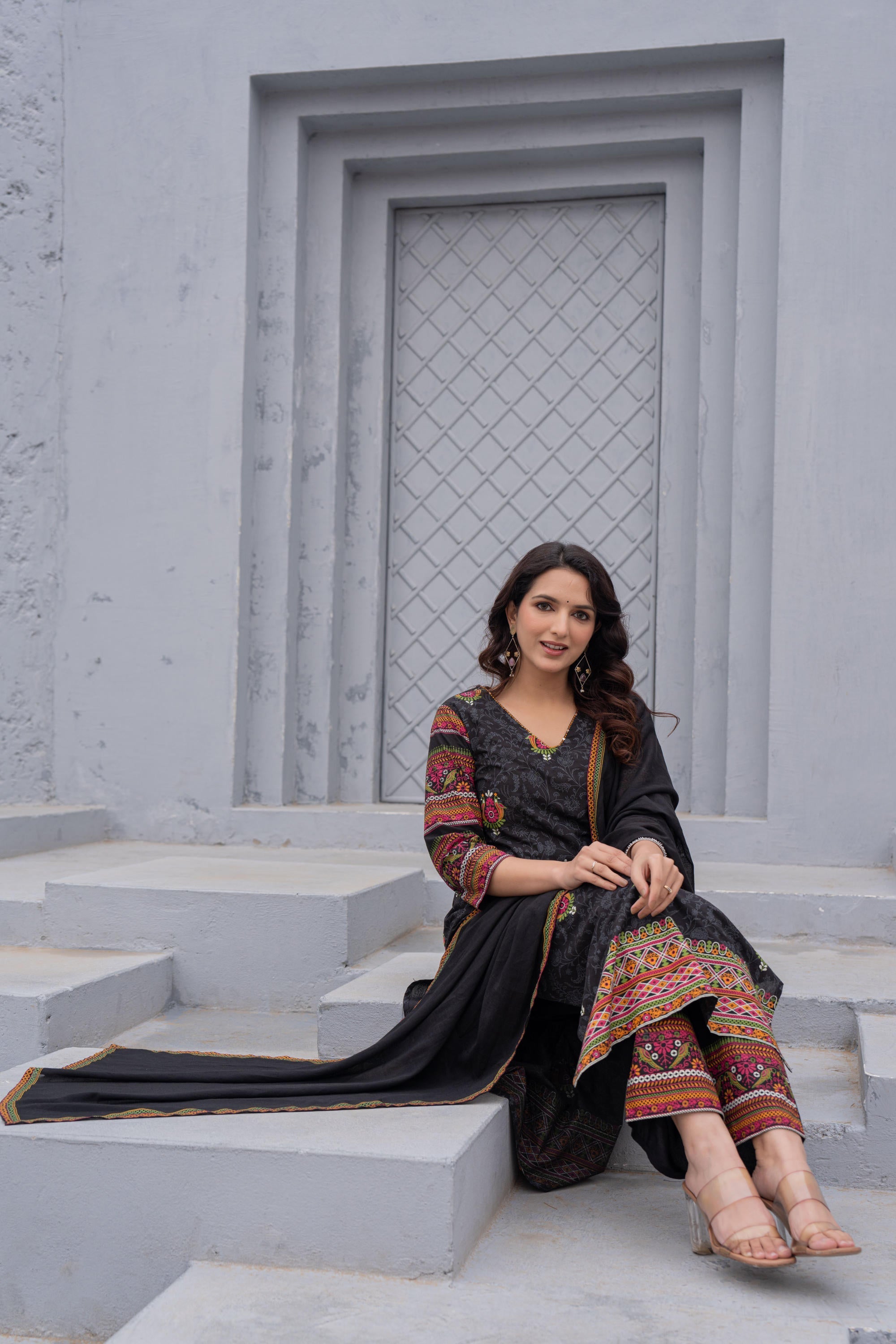 Juniper Black Floral Printed Cotton Kurta Set With Thread Work & Sequins | Grocsy