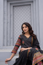 Juniper Black Floral Printed Cotton Kurta Set With Thread Work & Sequins | Grocsy