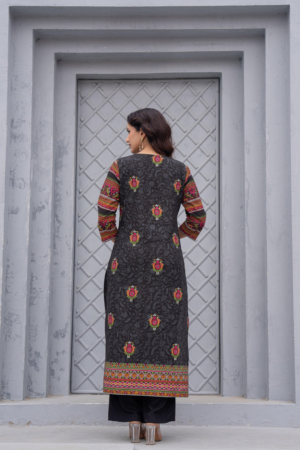 Juniper Black Floral Printed Cotton Kurta Set With Thread Work & Sequins | Grocsy