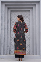Juniper Black Floral Printed Cotton Kurta Set With Thread Work & Sequins | Grocsy