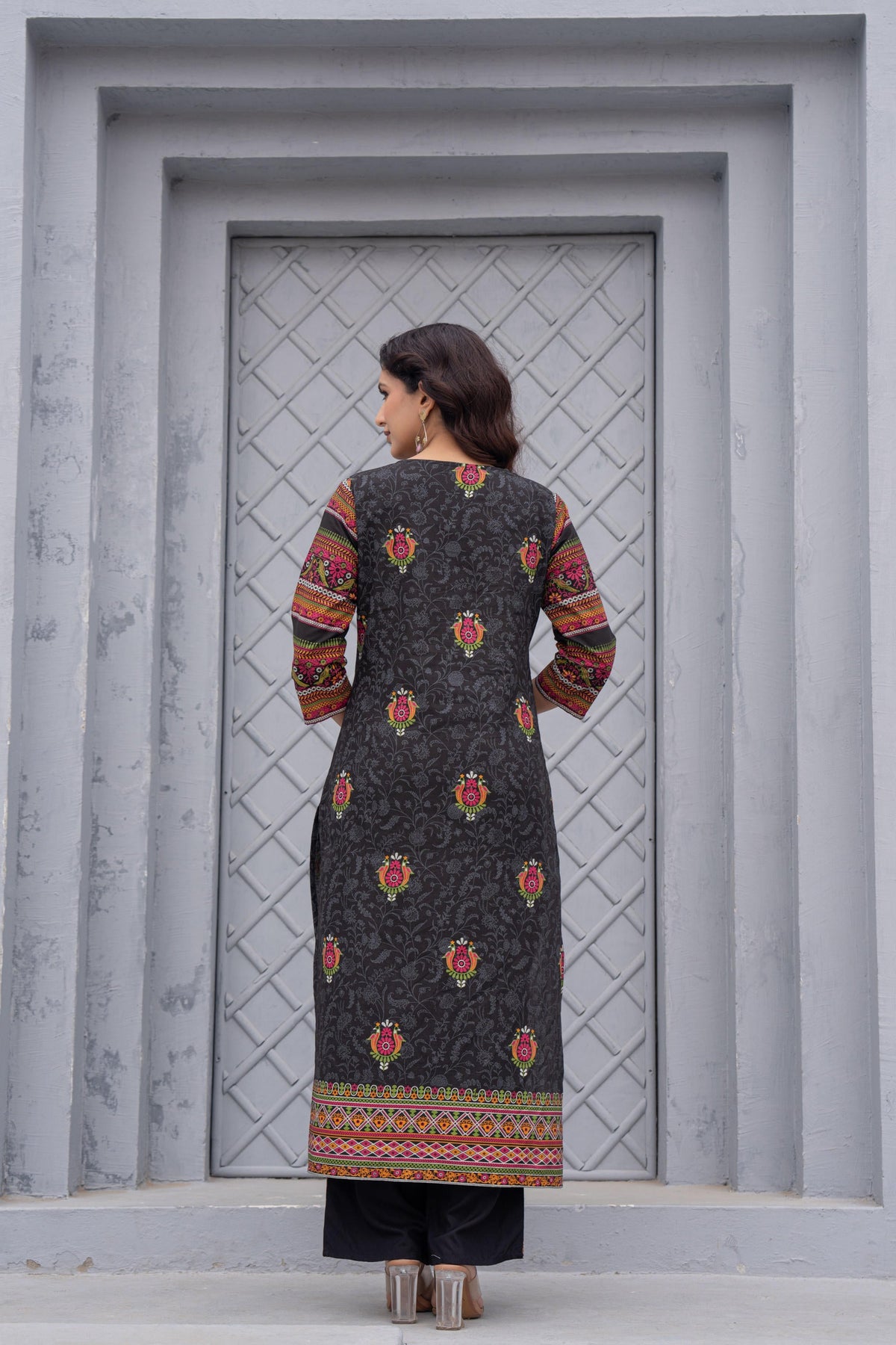 Juniper Black Floral Printed Cotton Kurta Set With Thread Work & Sequins | Grocsy