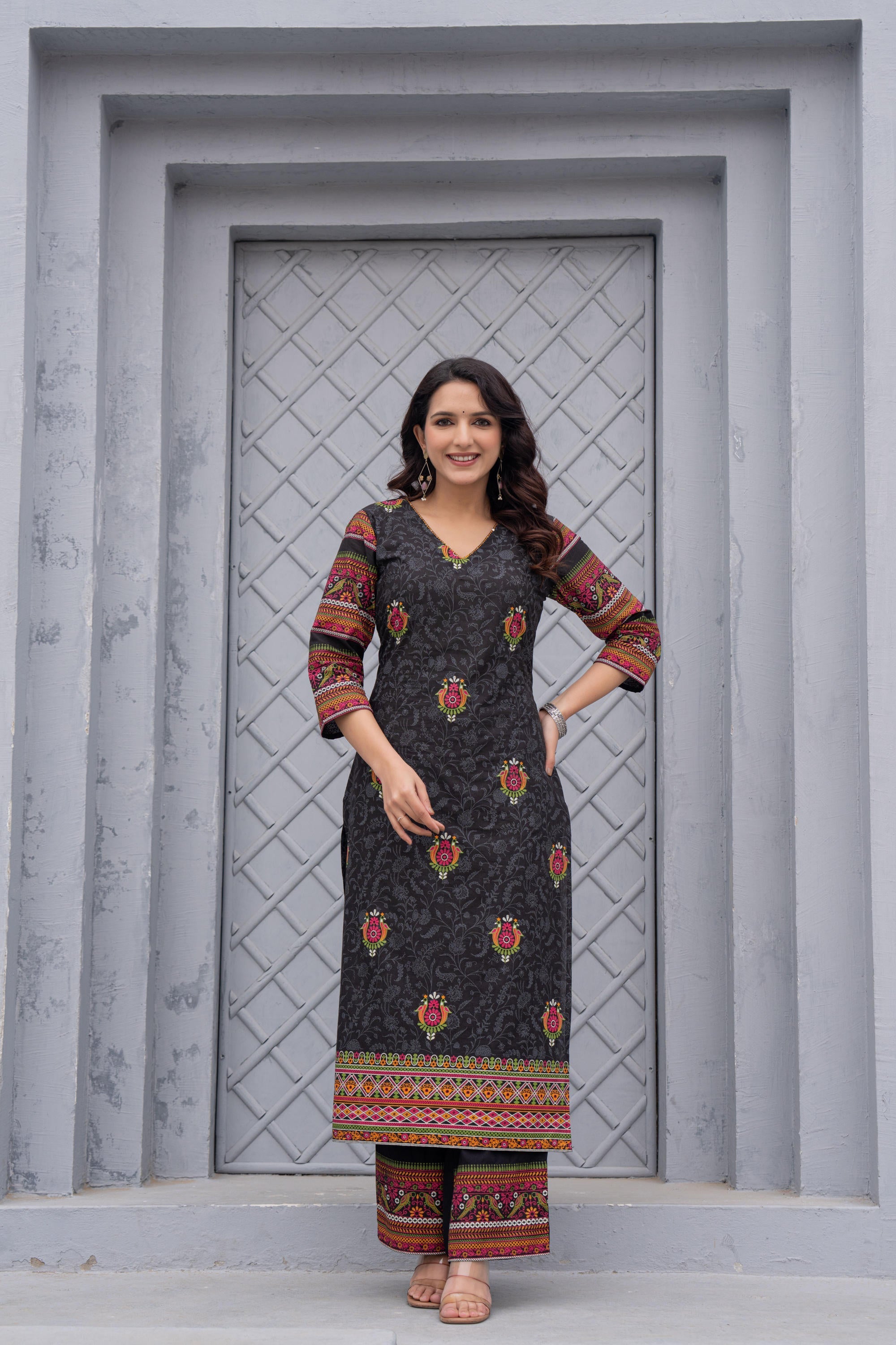 Juniper Black Floral Printed Cotton Kurta Set With Thread Work & Sequins | Grocsy