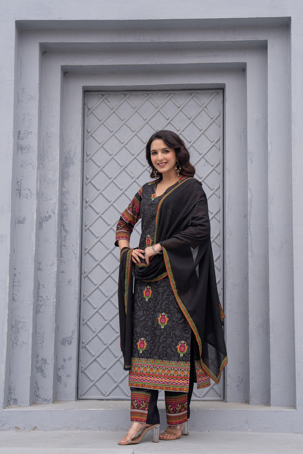 Juniper Black Floral Printed Cotton Kurta Set With Thread Work & Sequins | Grocsy