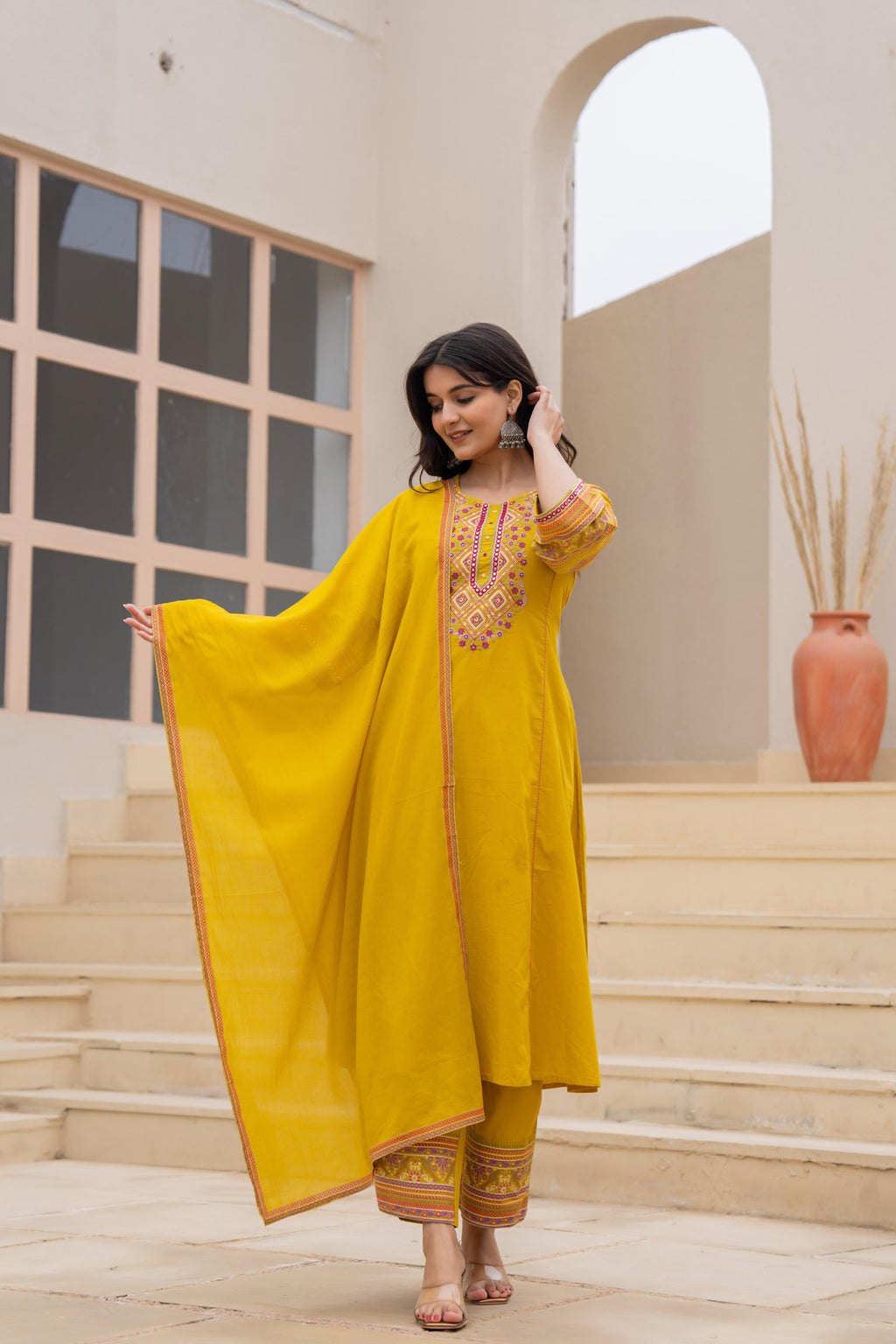 Juniper Mustard Embroidered Kurta Set with Printed Pant & Dupatta | Grocsy