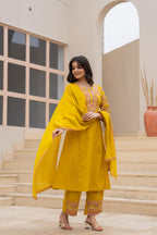 Juniper Mustard Embroidered Kurta Set with Printed Pant & Dupatta | Grocsy