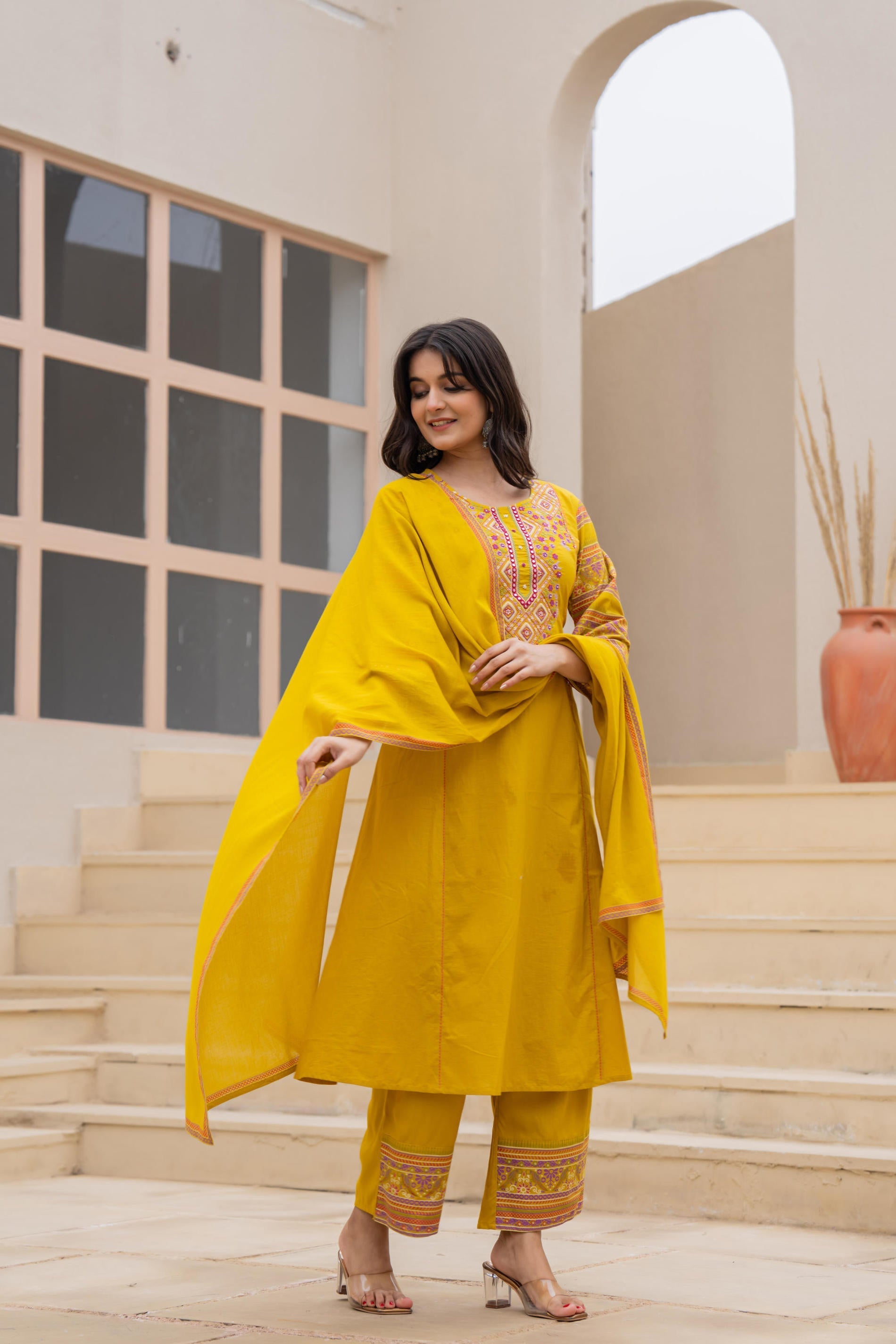 Juniper Mustard Embroidered Kurta Set With Printed Pant & Dupatta | Grocsy