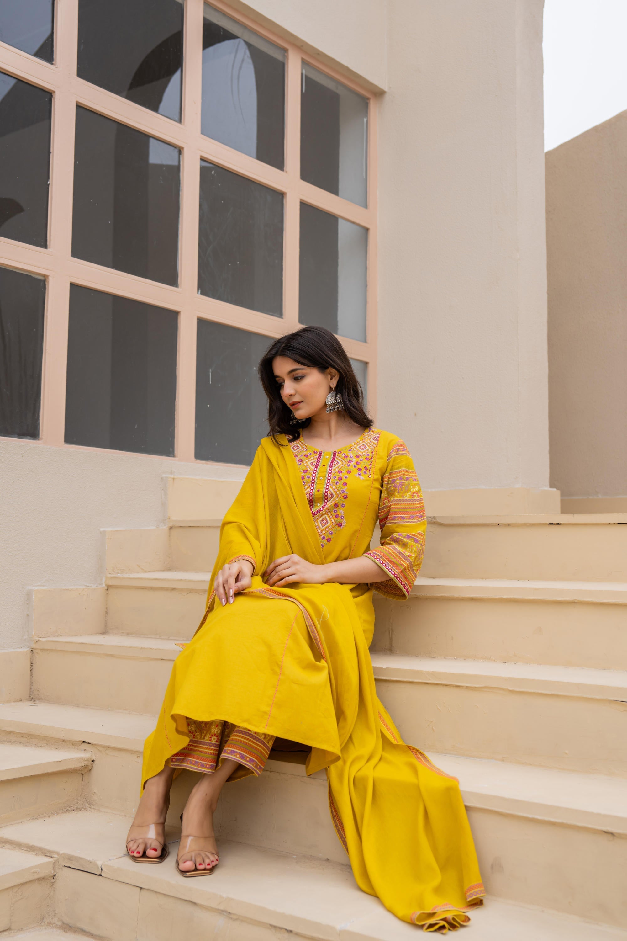 Juniper Mustard Embroidered Kurta Set with Printed Pant & Dupatta | Grocsy
