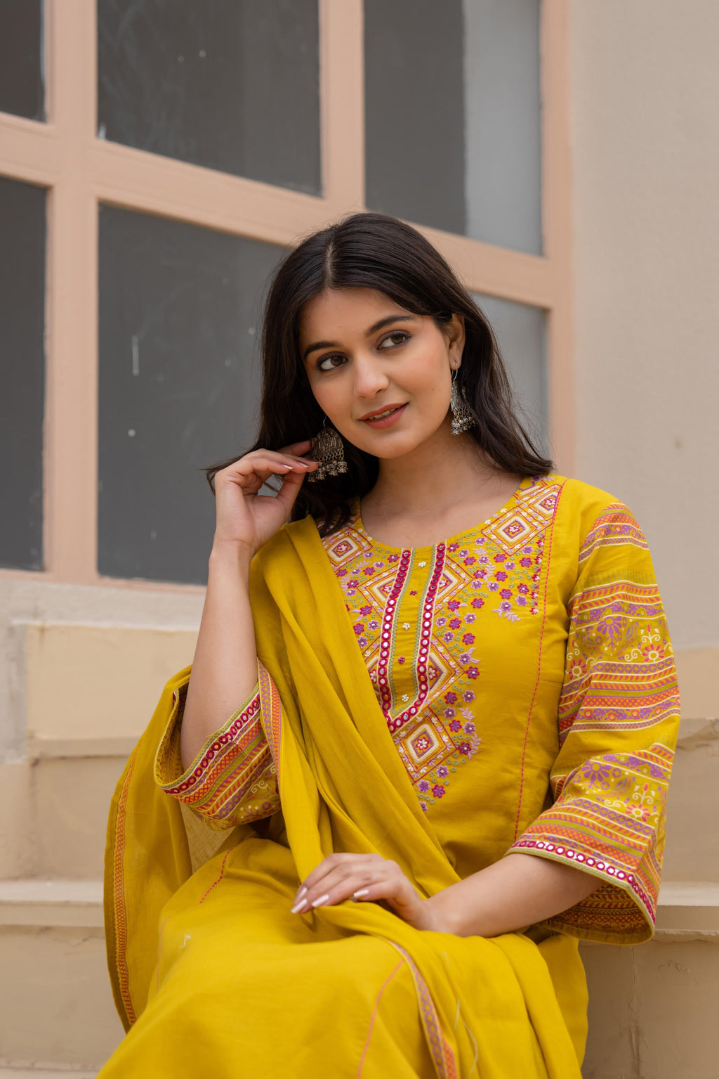 Juniper Mustard Embroidered Kurta Set with Printed Pant & Dupatta | Grocsy