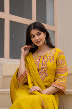 Juniper Mustard Embroidered Kurta Set with Printed Pant & Dupatta | Grocsy