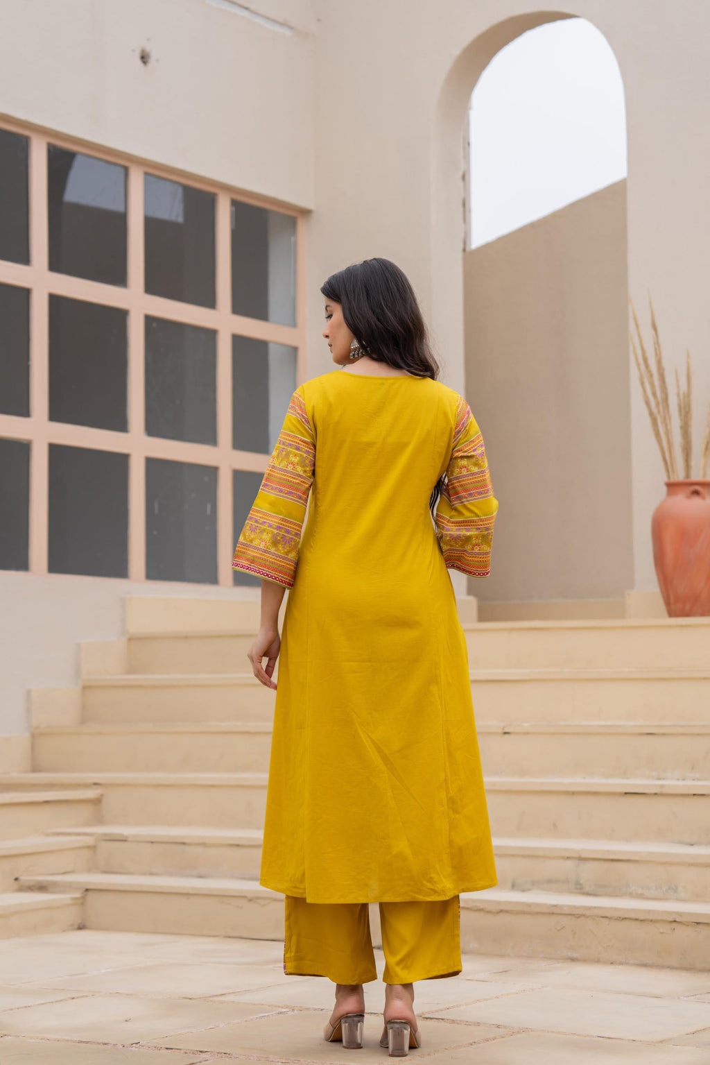 Juniper Mustard Embroidered Kurta Set With Printed Pant & Dupatta | Grocsy