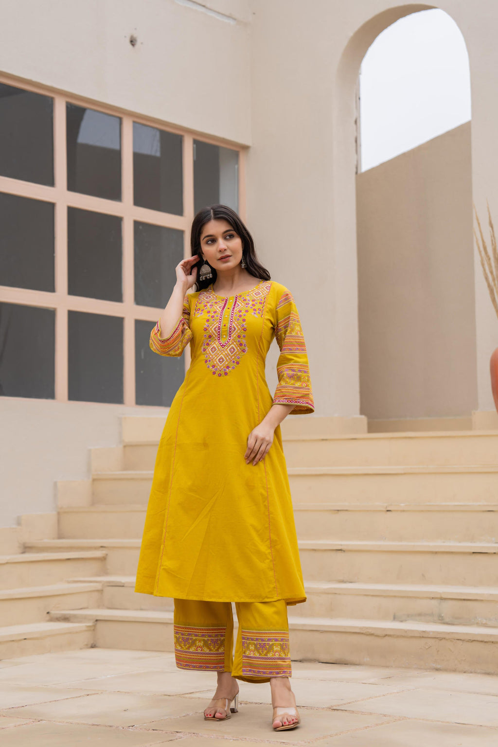 Juniper Mustard Embroidered Kurta Set with Printed Pant & Dupatta | Grocsy