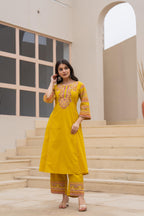 Juniper Mustard Embroidered Kurta Set with Printed Pant & Dupatta | Grocsy