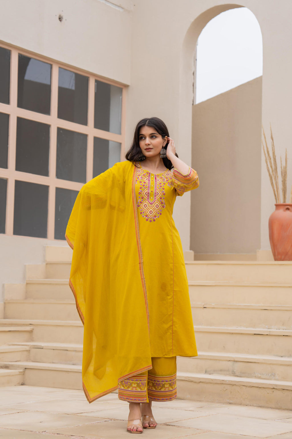 Juniper Mustard Embroidered Kurta Set with Printed Pant & Dupatta | Grocsy