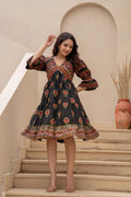 Juniper Black Printed Fit & Flare Dress With Tribal Border | Grocsy