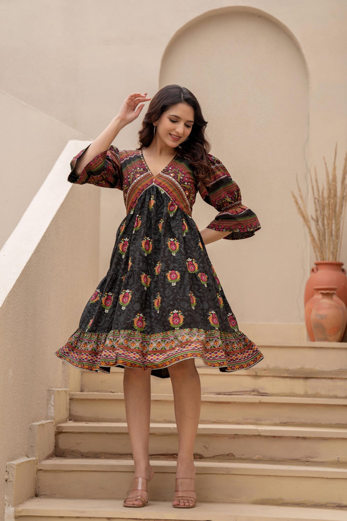 Juniper Black Printed Fit & Flare Dress With Tribal Border | Grocsy