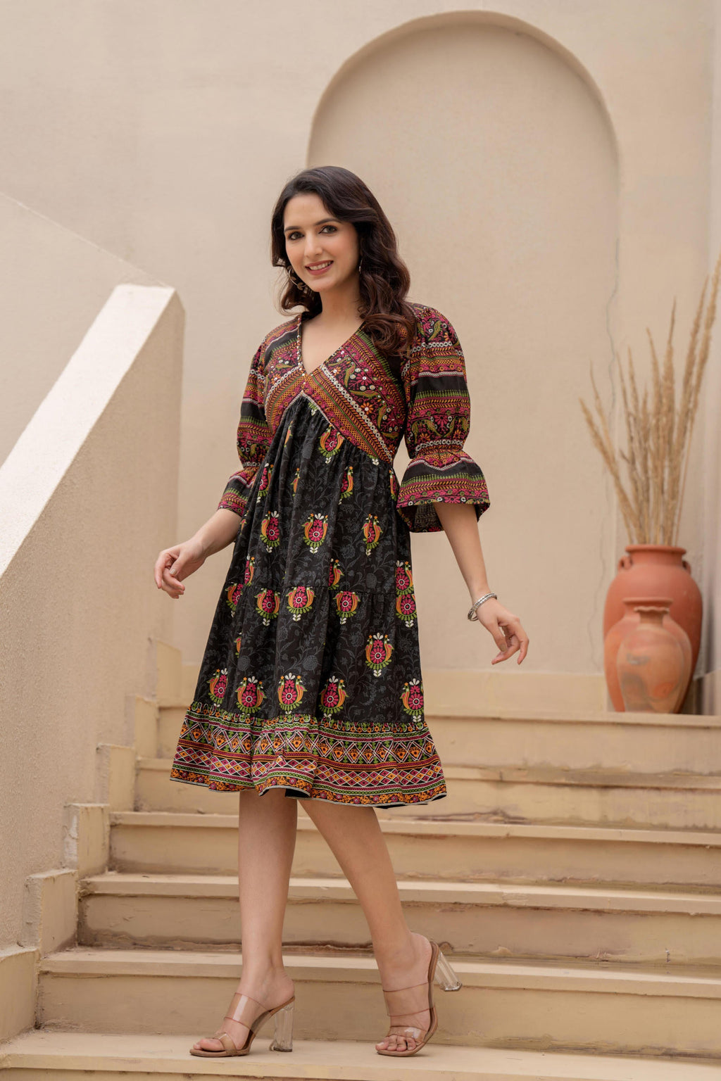 Juniper Black Printed Fit & Flare Dress with Tribal Border | Grocsy
