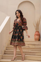 Juniper Black Printed Fit & Flare Dress with Tribal Border | Grocsy