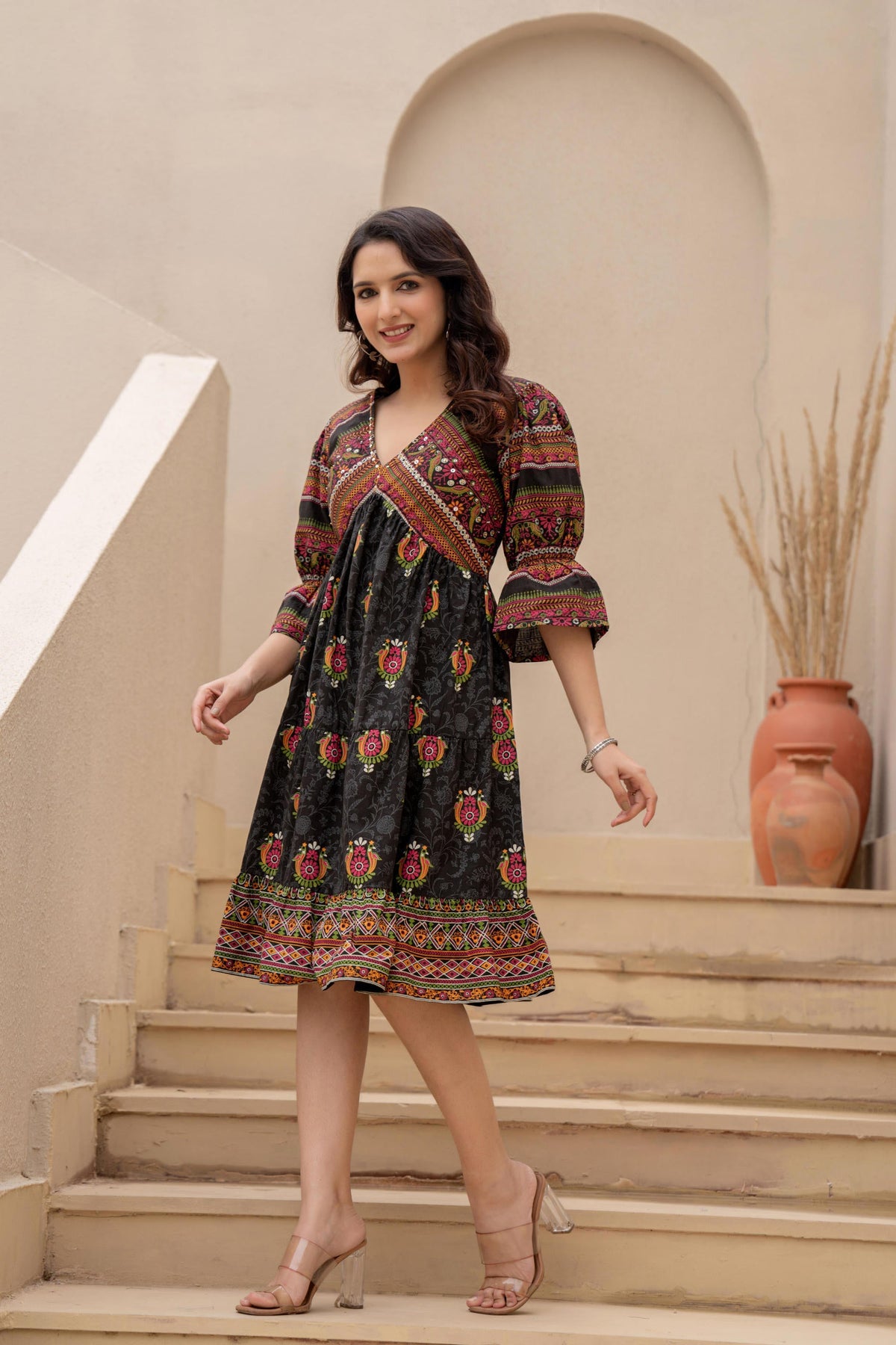 Juniper Black Printed Fit & Flare Dress with Tribal Border | Grocsy