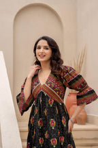 Juniper Black Printed Fit & Flare Dress With Tribal Border | Grocsy