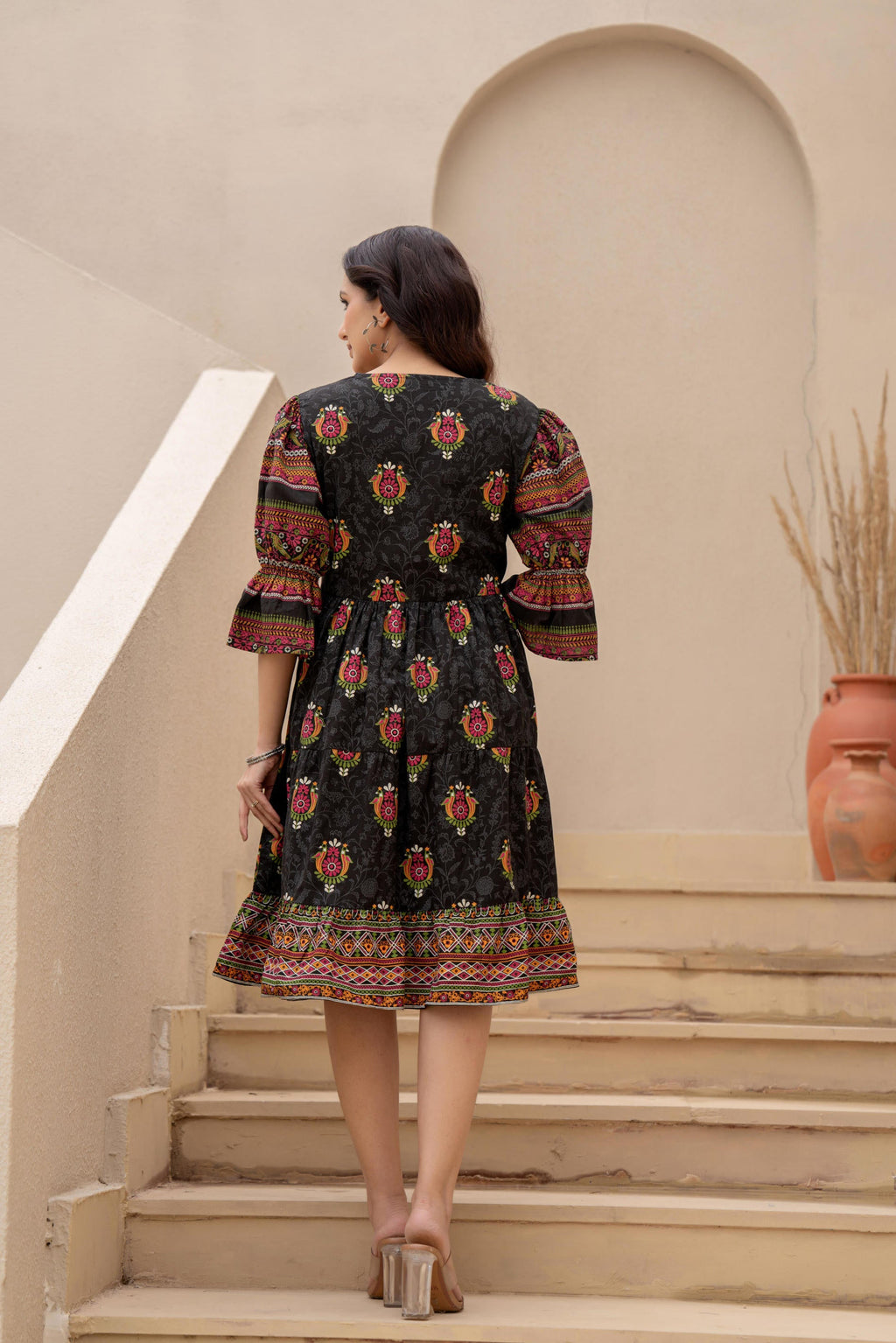 Juniper Black Printed Fit & Flare Dress With Tribal Border | Grocsy