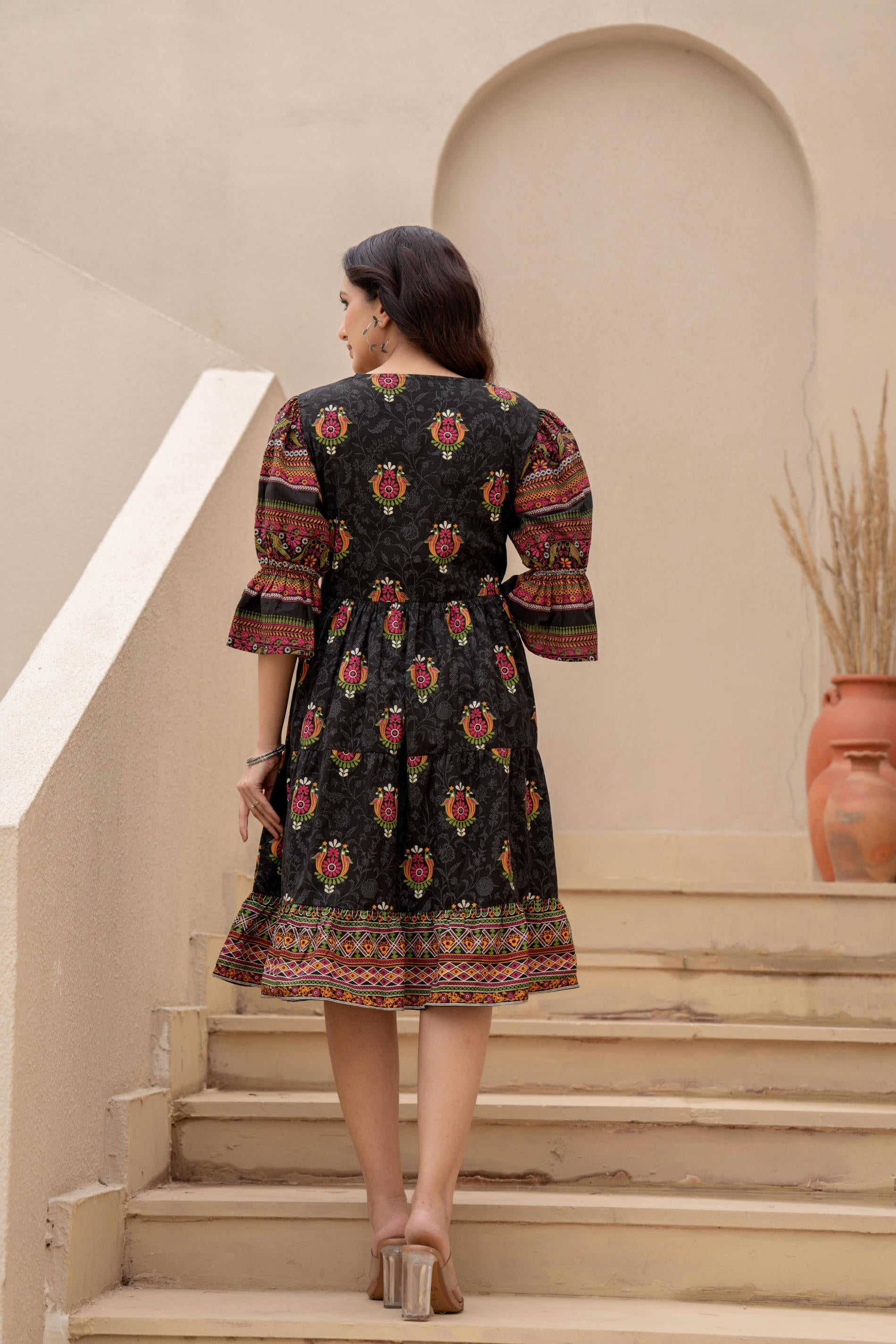 Juniper Black Printed Fit & Flare Dress With Tribal Border | Grocsy