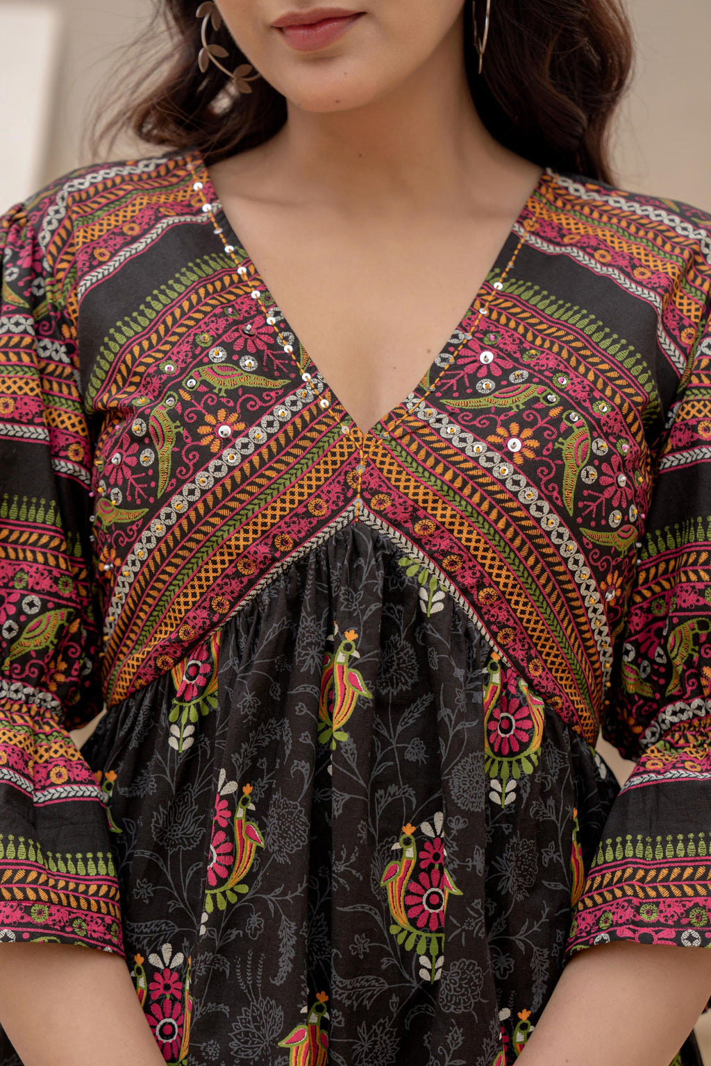 Juniper Black Printed Fit & Flare Dress with Tribal Border | Grocsy