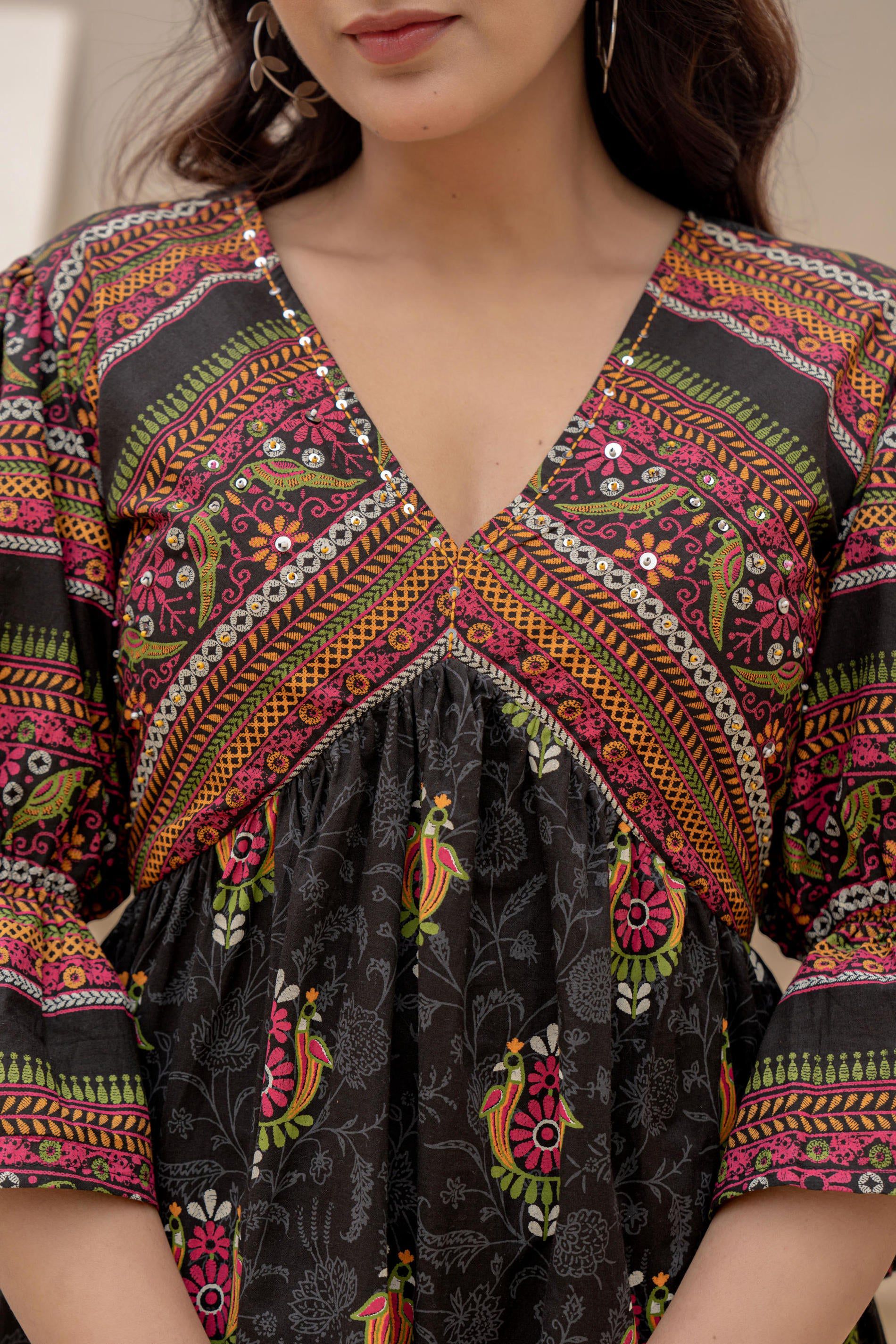 Juniper Black Printed Fit & Flare Dress with Tribal Border | Grocsy